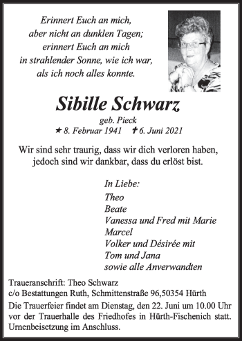 Anzeige von Sibille Schwarz von  Wochenende 