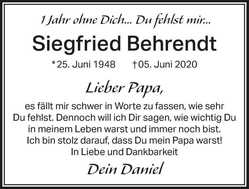  Traueranzeige für Siegfried Behrendt vom 04.06.2021 aus  Anzeigen Echo 