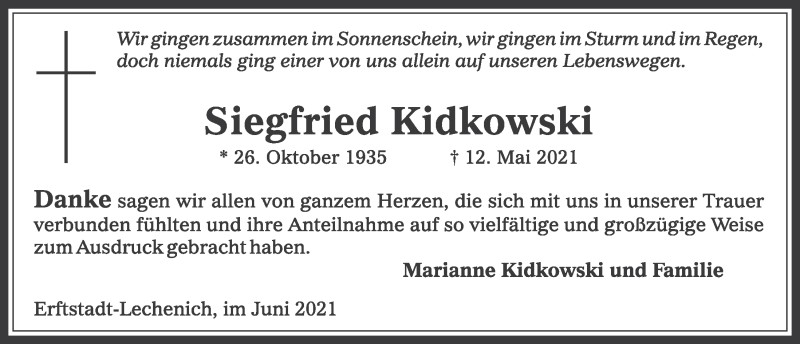  Traueranzeige für Siegfried Kidkowski vom 18.06.2021 aus  Werbepost 
