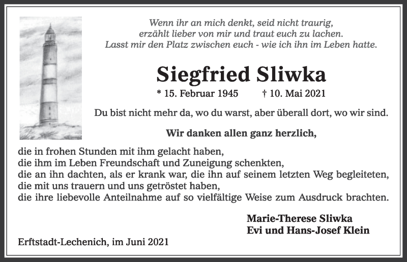  Traueranzeige für Siegfried Sliwka vom 04.06.2021 aus  Werbepost 