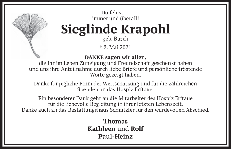  Traueranzeige für Sieglinde Krapohl vom 18.06.2021 aus  Werbepost 