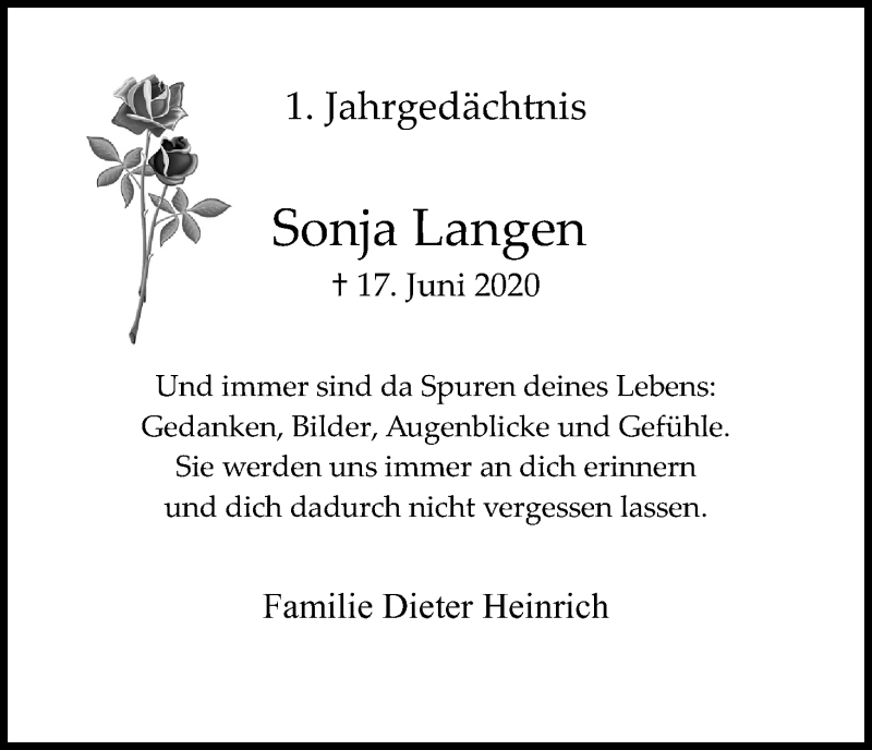  Traueranzeige für Sonja Langen vom 17.06.2021 aus Kölner Stadt-Anzeiger / Kölnische Rundschau / Express
