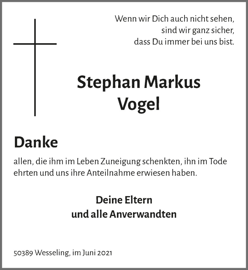  Traueranzeige für Stephan Markus Vogel vom 04.06.2021 aus  Schlossbote/Werbekurier 