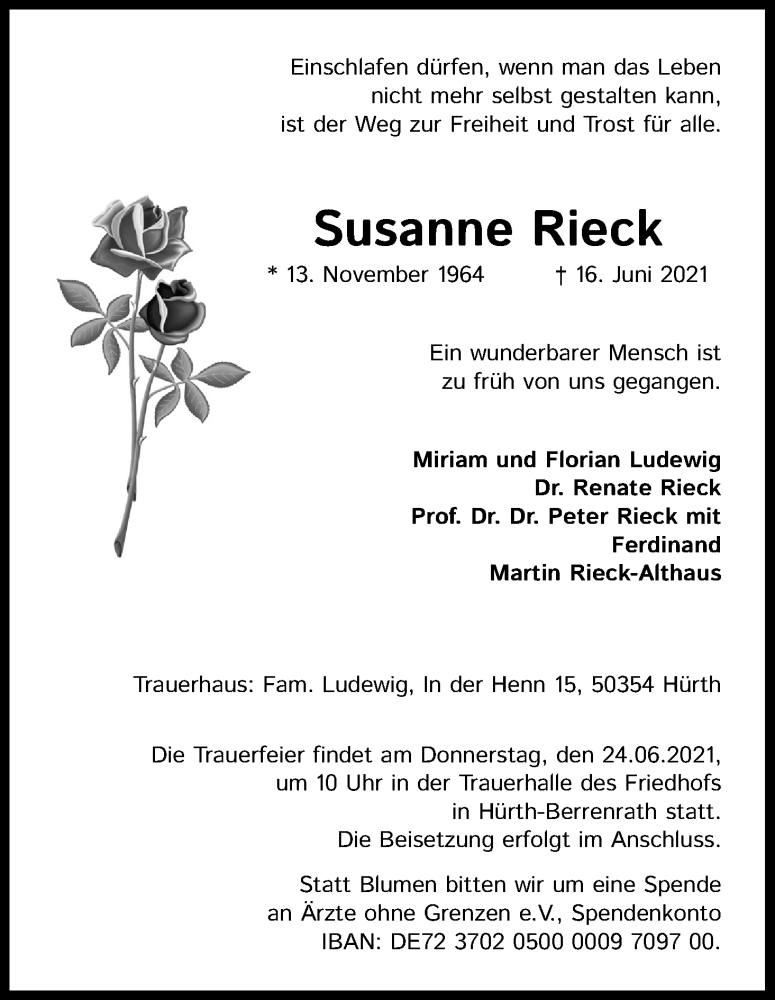  Traueranzeige für Susanne Rieck vom 19.06.2021 aus Kölner Stadt-Anzeiger / Kölnische Rundschau / Express