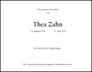 Anzeige von Thea Zahn von Kölner Stadt-Anzeiger / Kölnische Rundschau / Express