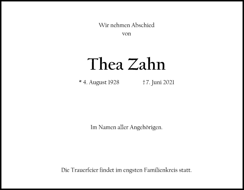  Traueranzeige für Thea Zahn vom 17.06.2021 aus Kölner Stadt-Anzeiger / Kölnische Rundschau / Express