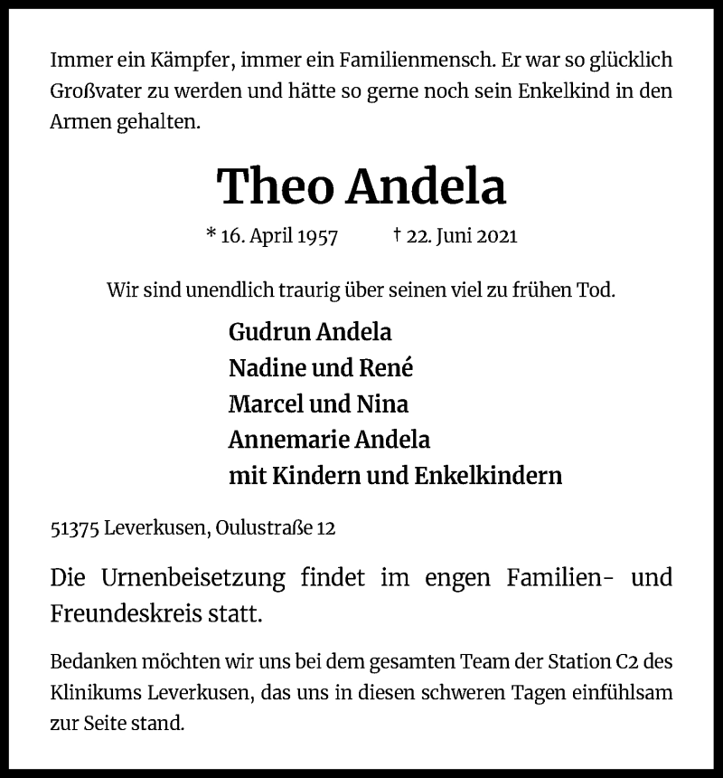  Traueranzeige für Theo Andela vom 16.06.2021 aus Kölner Stadt-Anzeiger / Kölnische Rundschau / Express
