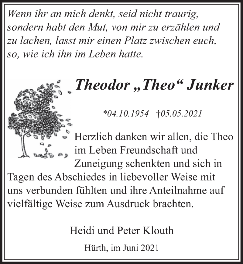  Traueranzeige für Theodor Junker vom 11.06.2021 aus  Wochenende 