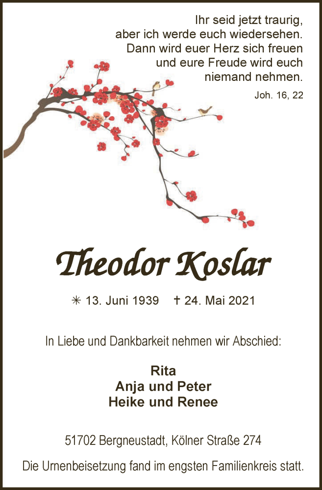  Traueranzeige für Theodor Koslar vom 04.06.2021 aus  Anzeigen Echo 