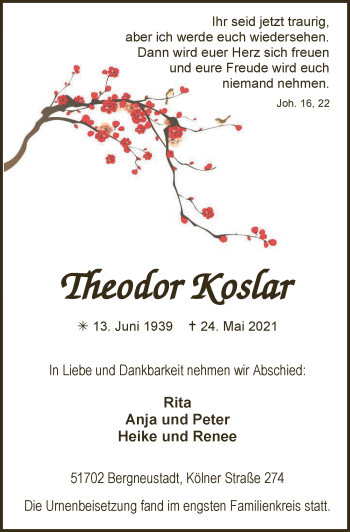 Anzeige von Theodor Koslar von  Anzeigen Echo 