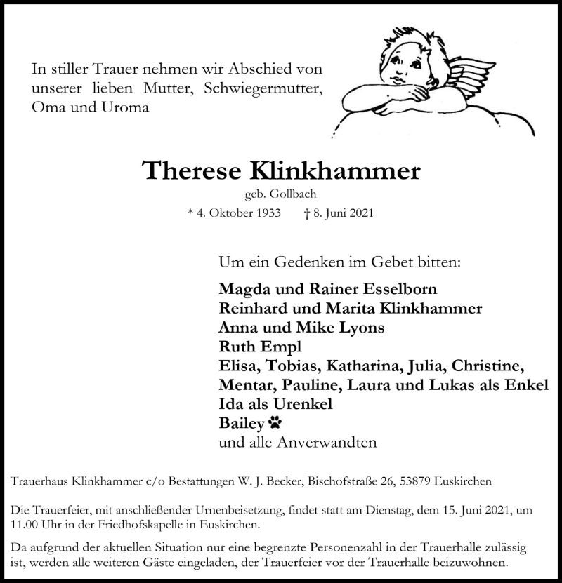  Traueranzeige für Therese Klinkhammer vom 12.06.2021 aus  Blickpunkt Euskirchen 
