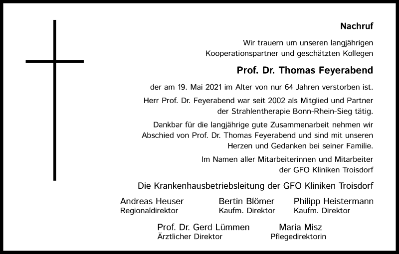  Traueranzeige für Thomas Feyerabend vom 05.06.2021 aus Kölner Stadt-Anzeiger / Kölnische Rundschau / Express