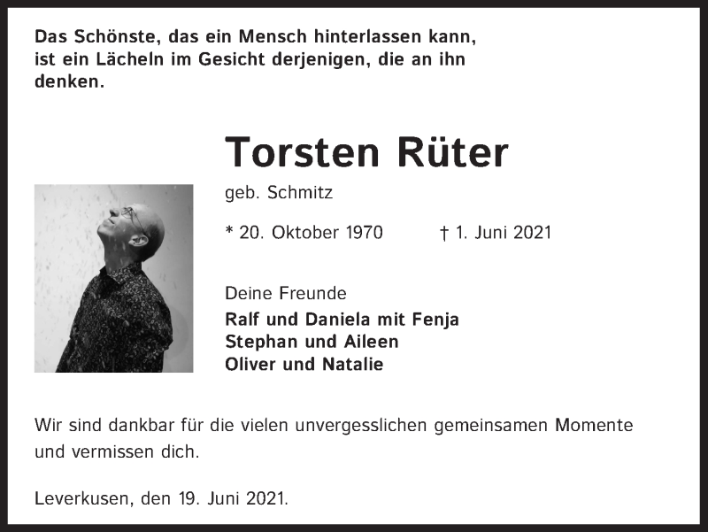  Traueranzeige für Torsten Rüter vom 19.06.2021 aus Kölner Stadt-Anzeiger / Kölnische Rundschau / Express