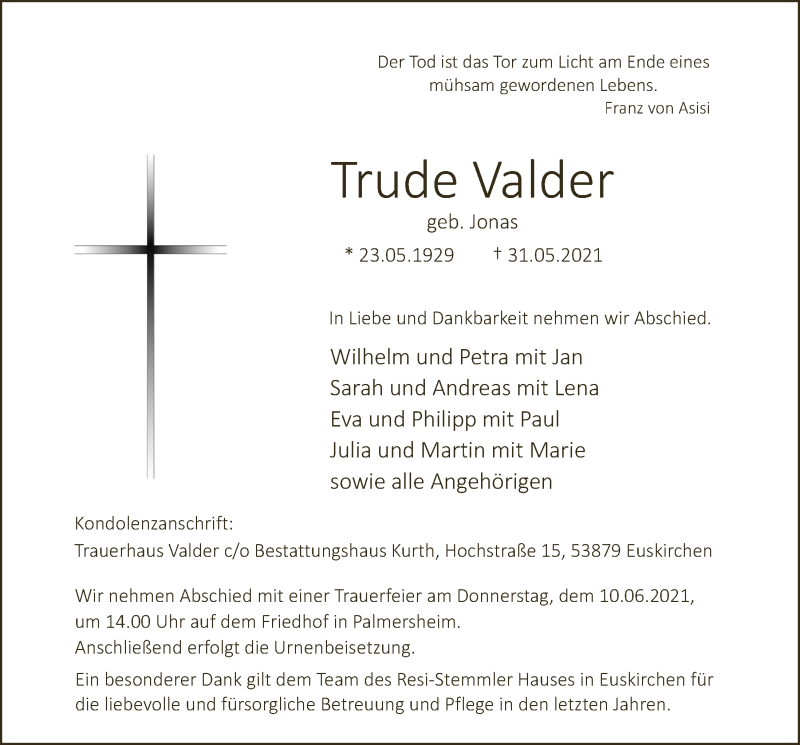  Traueranzeige für Trude Valder vom 05.06.2021 aus  Blickpunkt Euskirchen 