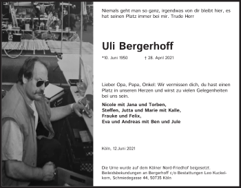 Anzeige von Uli Bergerhoff von Kölner Stadt-Anzeiger / Kölnische Rundschau / Express