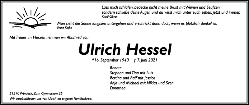  Traueranzeige für Ulrich Hesse vom 12.06.2021 aus Kölner Stadt-Anzeiger / Kölnische Rundschau / Express