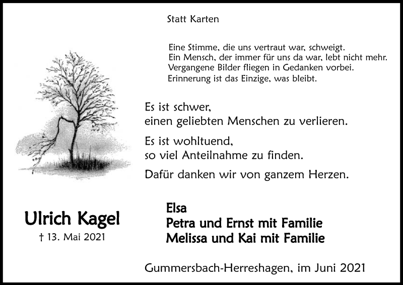  Traueranzeige für Ulrich Kagel vom 26.06.2021 aus Kölner Stadt-Anzeiger / Kölnische Rundschau / Express