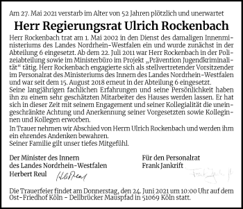 Anzeige von Ulrich Rockenbach von Kölner Stadt-Anzeiger / Kölnische Rundschau / Express