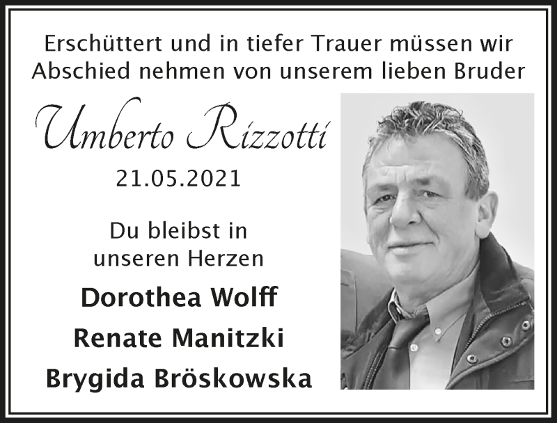  Traueranzeige für Umberto Rizzotti vom 04.06.2021 aus  Bergisches Handelsblatt 