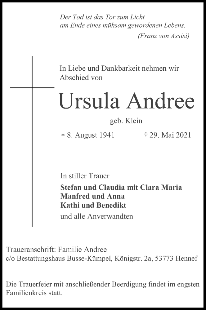  Traueranzeige für Ursula Andree vom 05.06.2021 aus Kölner Stadt-Anzeiger / Kölnische Rundschau / Express