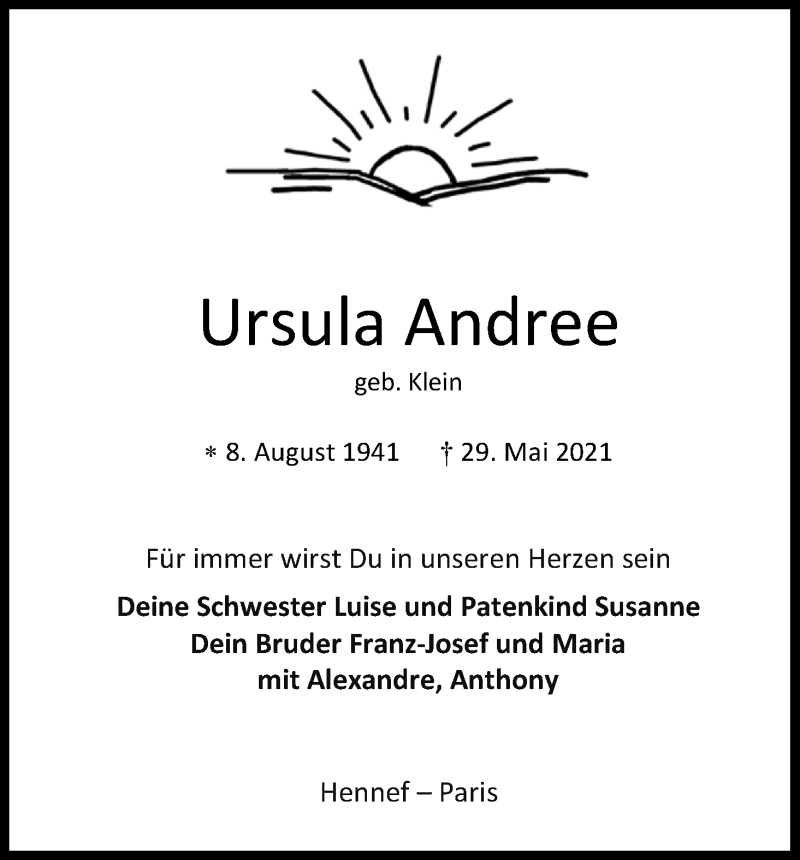  Traueranzeige für Ursula Andree vom 12.06.2021 aus Kölner Stadt-Anzeiger / Kölnische Rundschau / Express