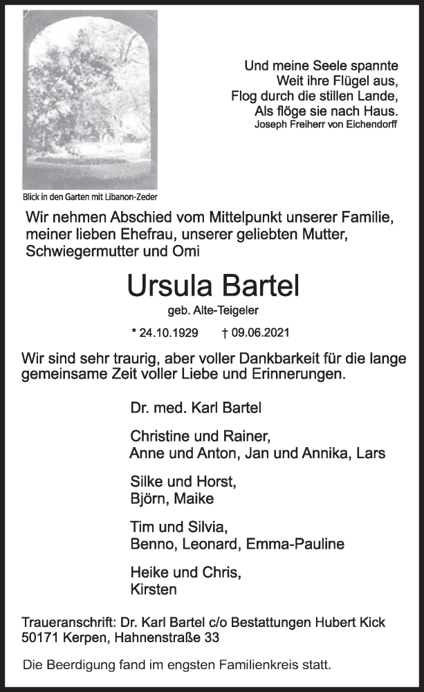  Traueranzeige für Ursula Bartel vom 18.06.2021 aus  Werbepost 