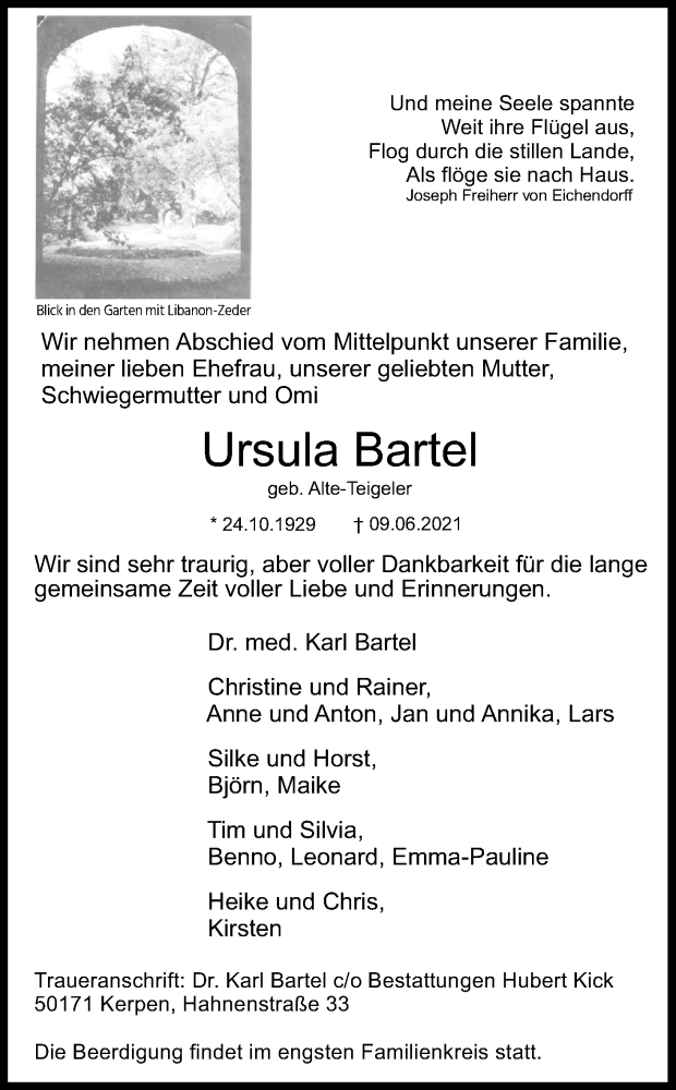  Traueranzeige für Ursula Bartel vom 12.06.2021 aus Kölner Stadt-Anzeiger / Kölnische Rundschau / Express