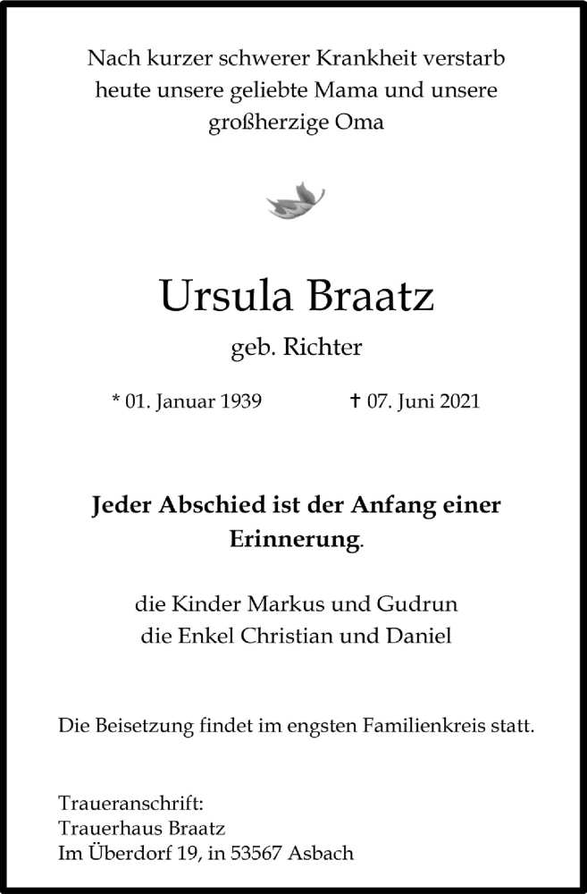 Traueranzeige für Ursula Braatz vom 11.06.2021 aus  Extra Blatt 