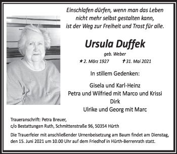 Anzeige von Ursula Duffek von  Wochenende 