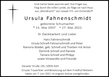 Anzeige von Ursula Fahnenschmidt von Kölner Stadt-Anzeiger / Kölnische Rundschau / Express