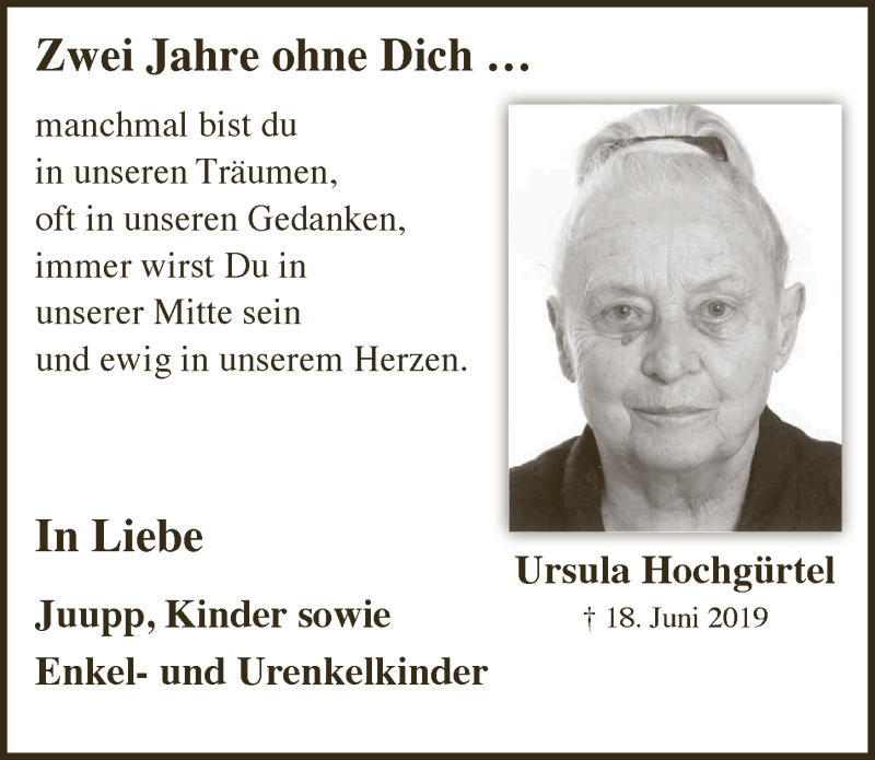  Traueranzeige für Ursula Hochgürtel vom 18.06.2021 aus  Werbepost 