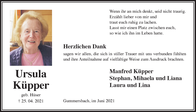  Traueranzeige für Ursula Küpper vom 04.06.2021 aus  Anzeigen Echo 