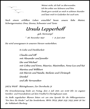 Anzeige von Ursula Lepperhoff von Kölner Stadt-Anzeiger / Kölnische Rundschau / Express