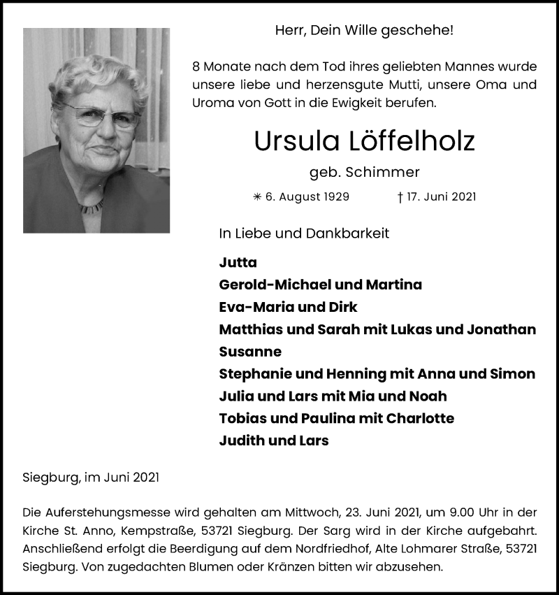  Traueranzeige für Ursula Löffelholz vom 22.06.2021 aus Kölner Stadt-Anzeiger / Kölnische Rundschau / Express