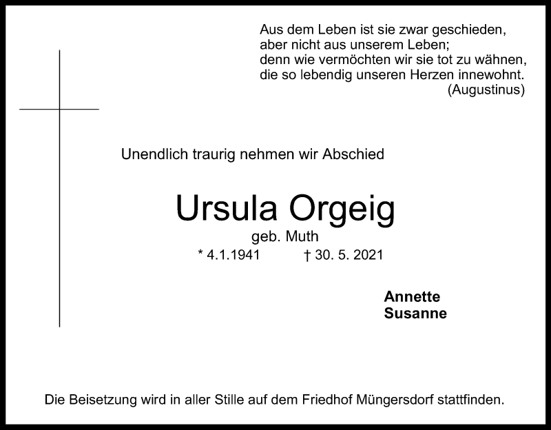  Traueranzeige für Ursula Orgeig vom 05.06.2021 aus Kölner Stadt-Anzeiger / Kölnische Rundschau / Express