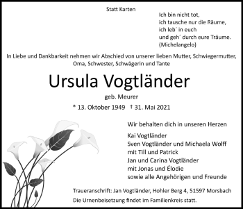 Anzeige von Ursula Vogtländer von  Lokalanzeiger 