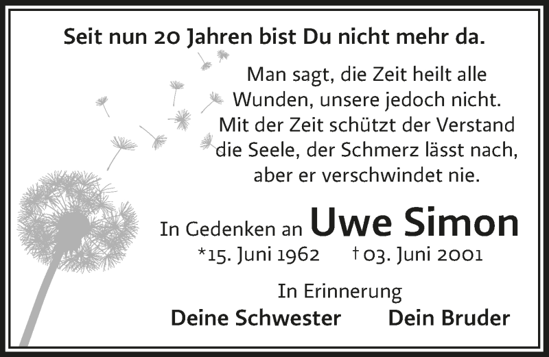  Traueranzeige für Uwe Simon vom 04.06.2021 aus  Lokalanzeiger 