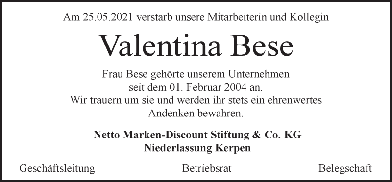  Traueranzeige für Valentina Bese vom 11.06.2021 aus  Bergisches Handelsblatt 