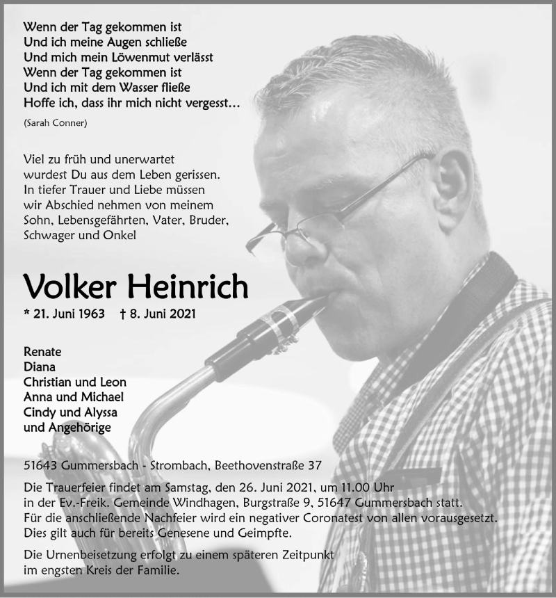  Traueranzeige für Volker Heinrich vom 18.06.2021 aus  Anzeigen Echo 