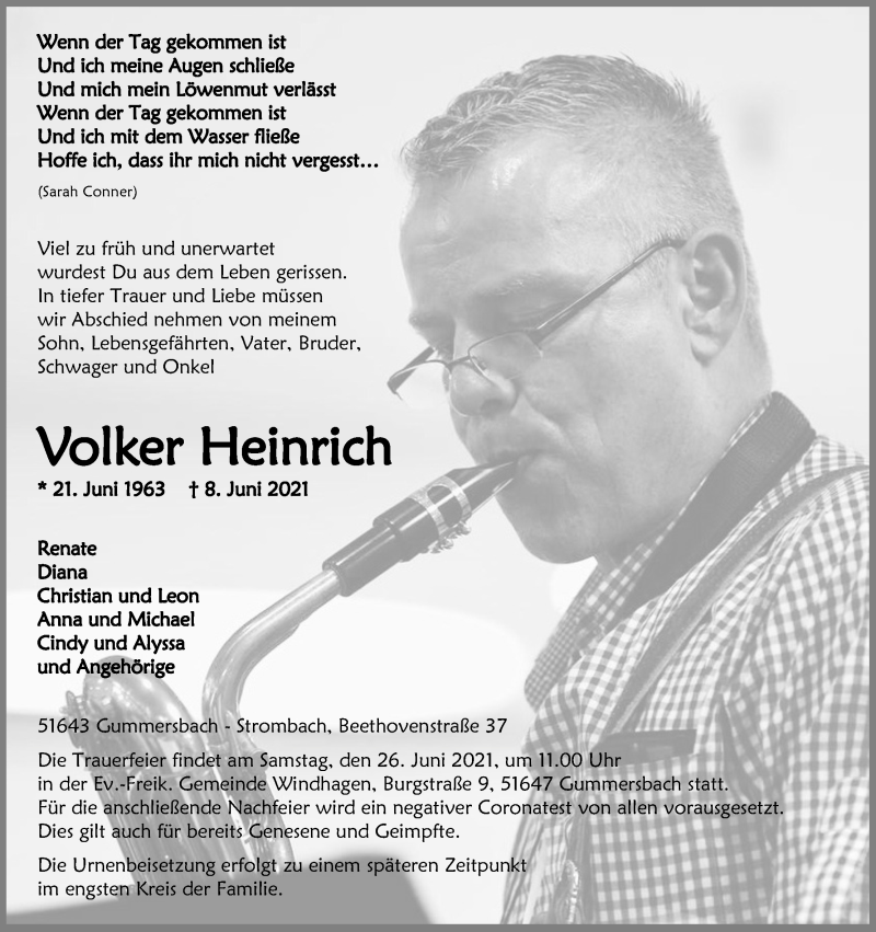  Traueranzeige für Volker Heinrich vom 19.06.2021 aus Kölner Stadt-Anzeiger / Kölnische Rundschau / Express