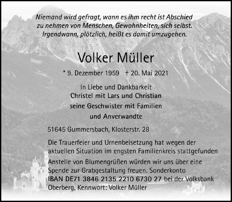 Traueranzeige für Volker Müller vom 04.06.2021 aus  Anzeigen Echo 