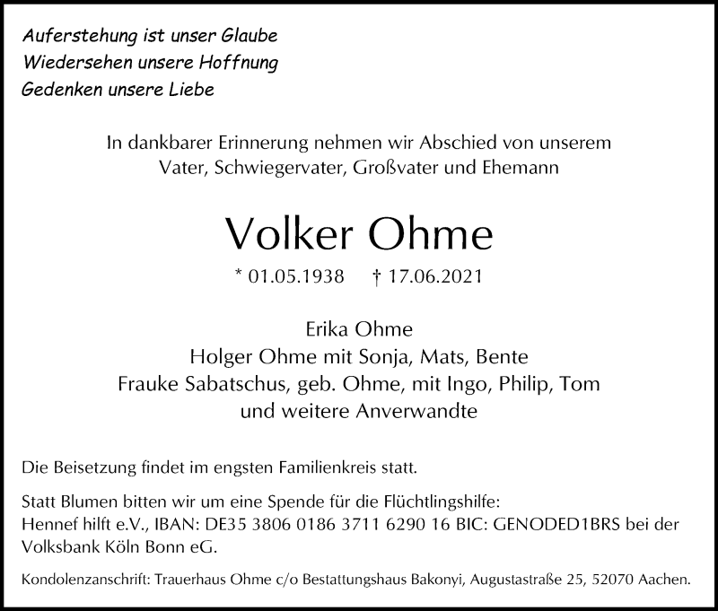  Traueranzeige für Volker Ohme vom 23.06.2021 aus Kölner Stadt-Anzeiger / Kölnische Rundschau / Express