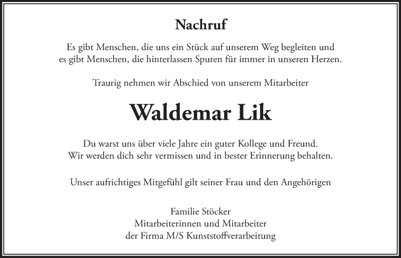  Traueranzeige für Waldemar Lik vom 18.06.2021 aus  Lokalanzeiger 