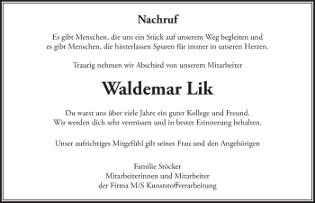 Anzeige von Waldemar Lik von  Lokalanzeiger 