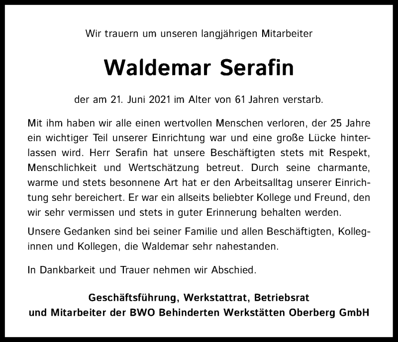  Traueranzeige für Waldemar Serafin vom 26.06.2021 aus Kölner Stadt-Anzeiger / Kölnische Rundschau / Express