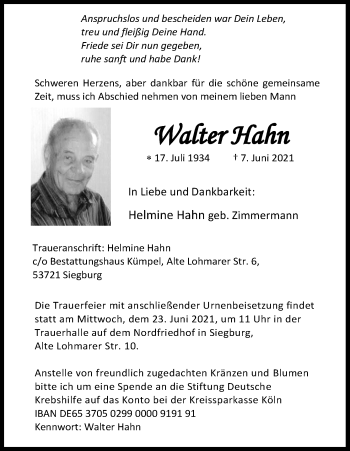 Anzeige von Walter Hahn von Kölner Stadt-Anzeiger / Kölnische Rundschau / Express