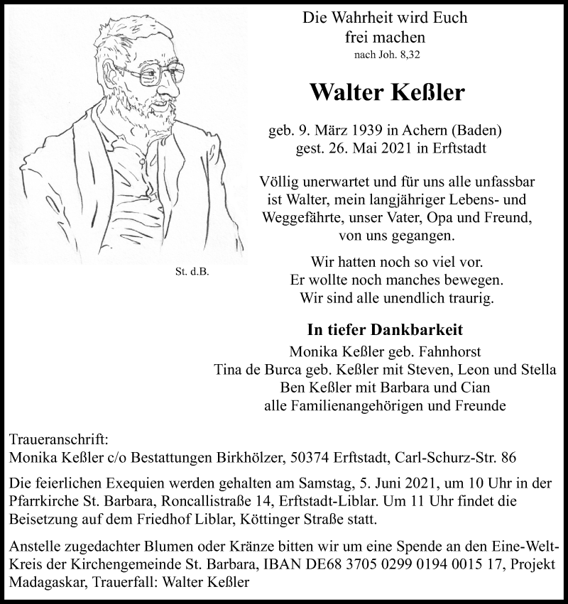  Traueranzeige für Walter Keßler vom 02.06.2021 aus Kölner Stadt-Anzeiger / Kölnische Rundschau / Express