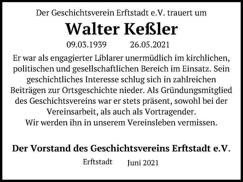  Traueranzeige für Walter Keßler vom 09.06.2021 aus Kölner Stadt-Anzeiger / Kölnische Rundschau / Express