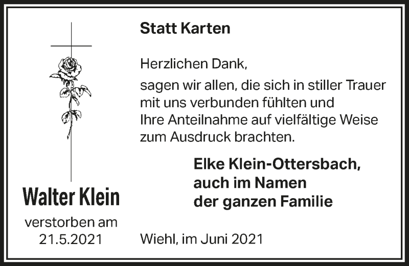  Traueranzeige für Walter Klein vom 11.06.2021 aus  Anzeigen Echo  Lokalanzeiger 