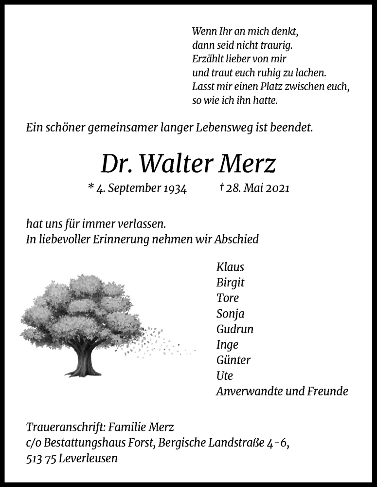  Traueranzeige für Walter Merz vom 05.06.2021 aus Kölner Stadt-Anzeiger / Kölnische Rundschau / Express